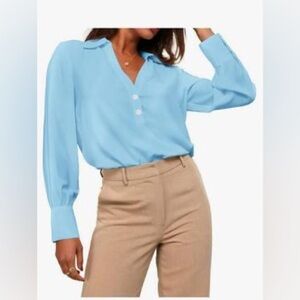 New - Women's Casual Blouse - Silk, Long Sleeve Button Down, V-Neck, Size S
